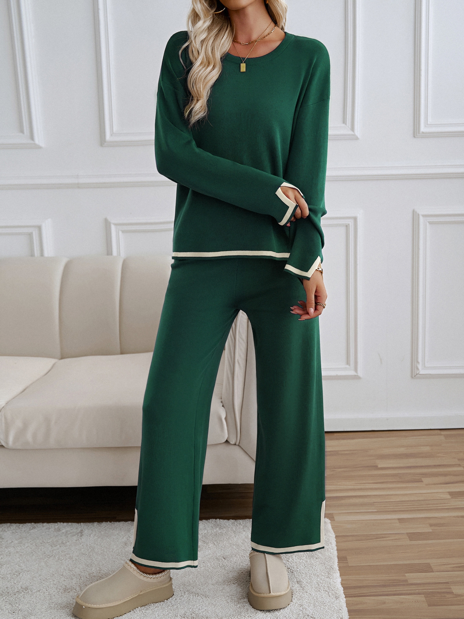 Green Long Sleeves Top and Wide Leg Pants Lounge Set