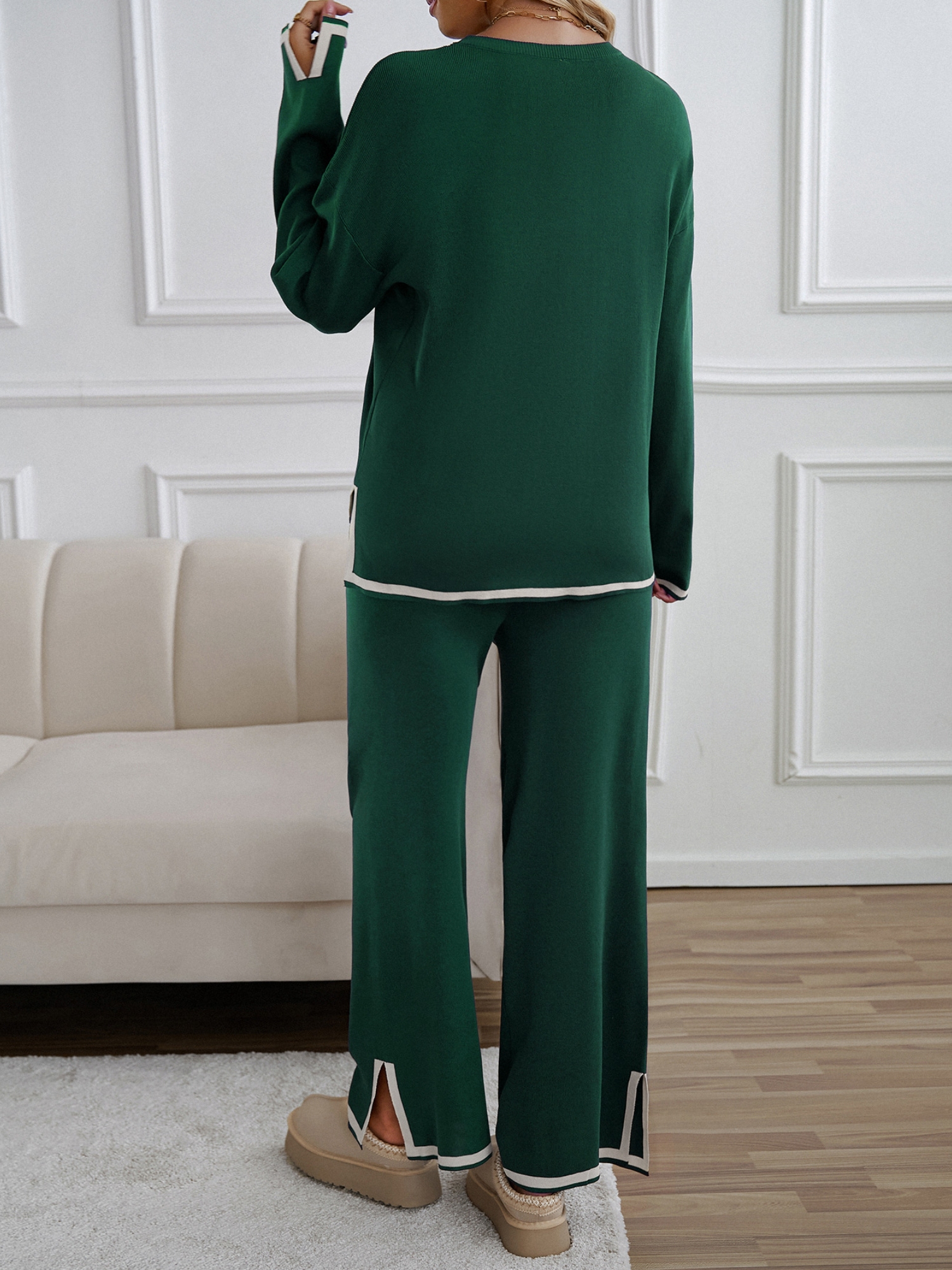 Green Long Sleeves Top and Wide Leg Pants Lounge Set