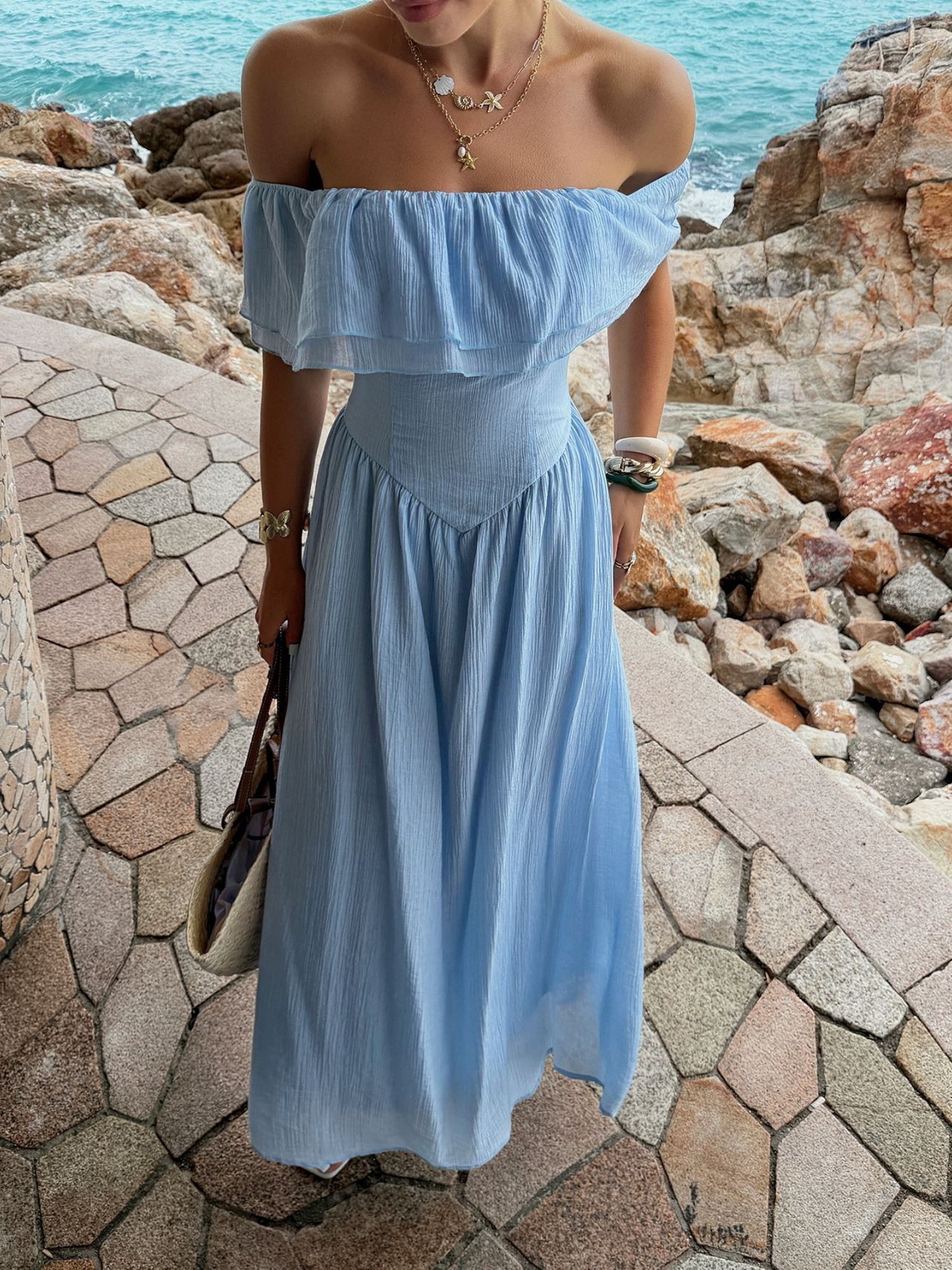 Sky Blue Strapless A-Line Maxi Dress