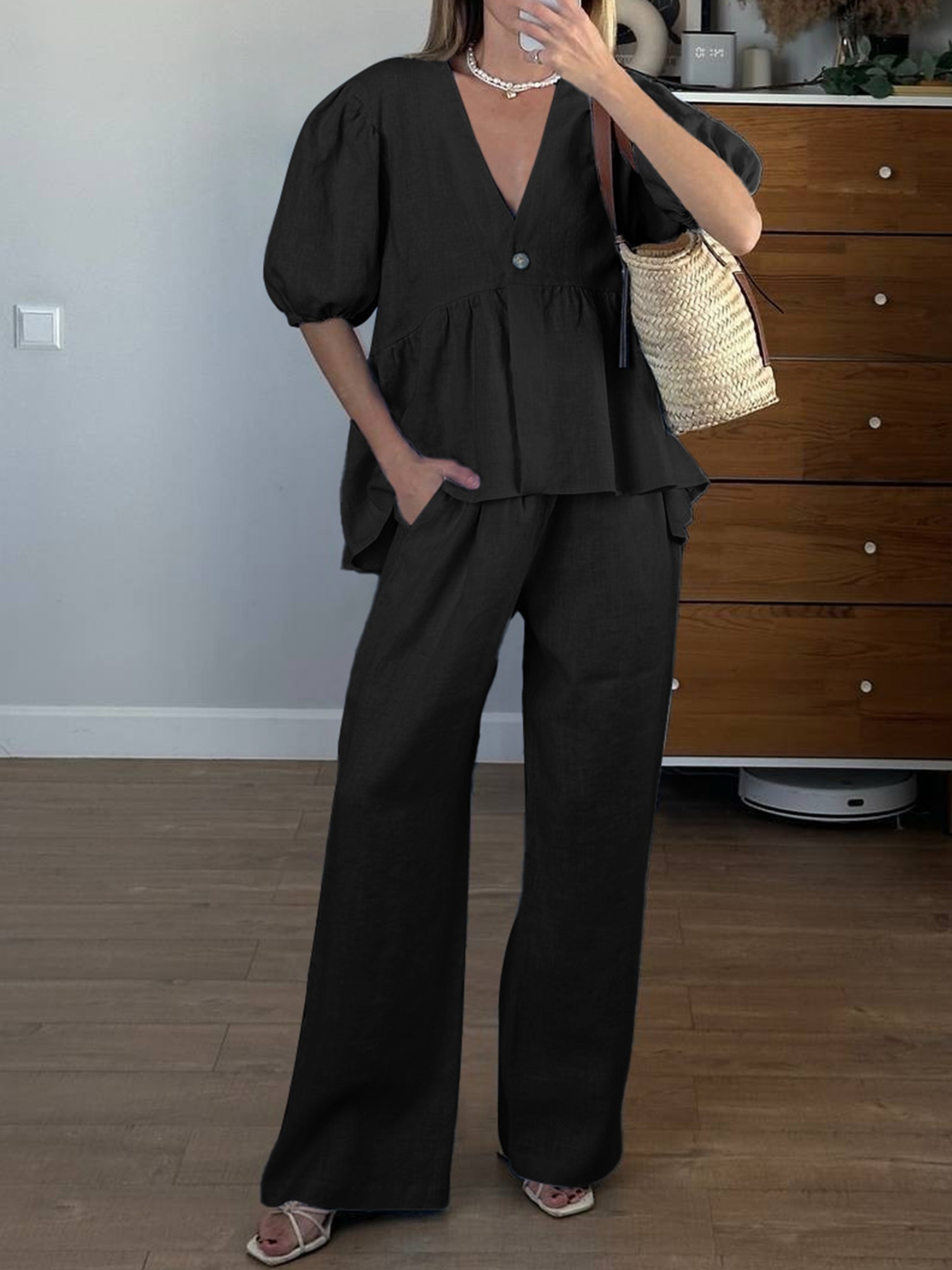 Black Blouse and Wide-Leg Pants Co-Ord Set