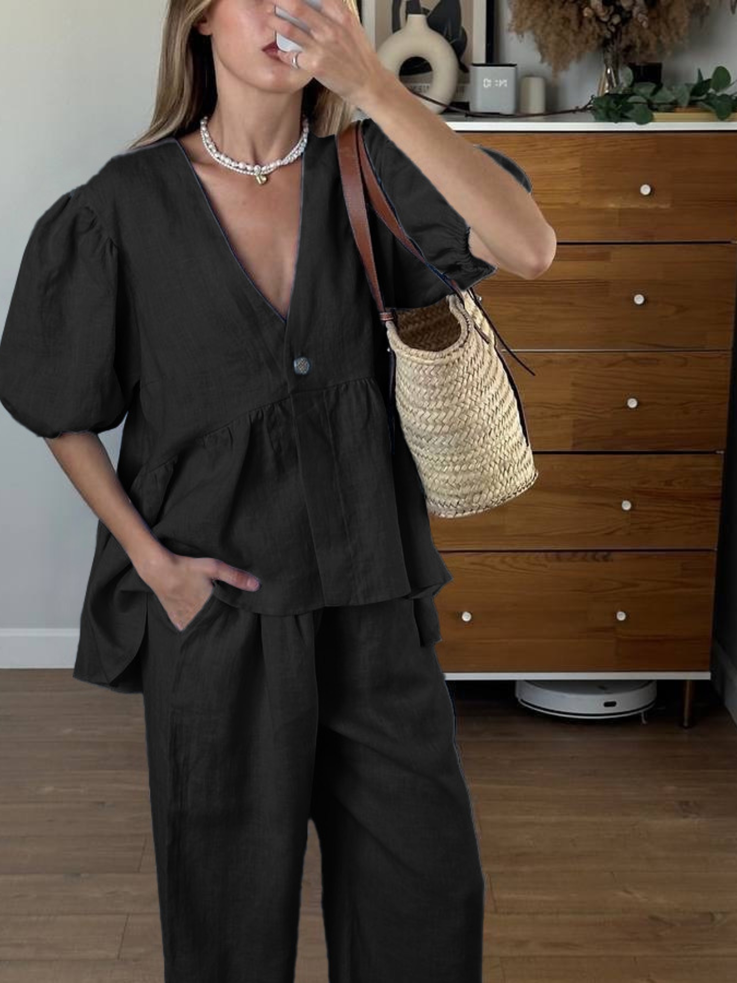 Black Blouse and Wide-Leg Pants Co-Ord Set