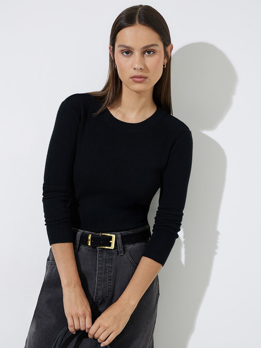 Black Textured Rib Long Sleeve Knit Top