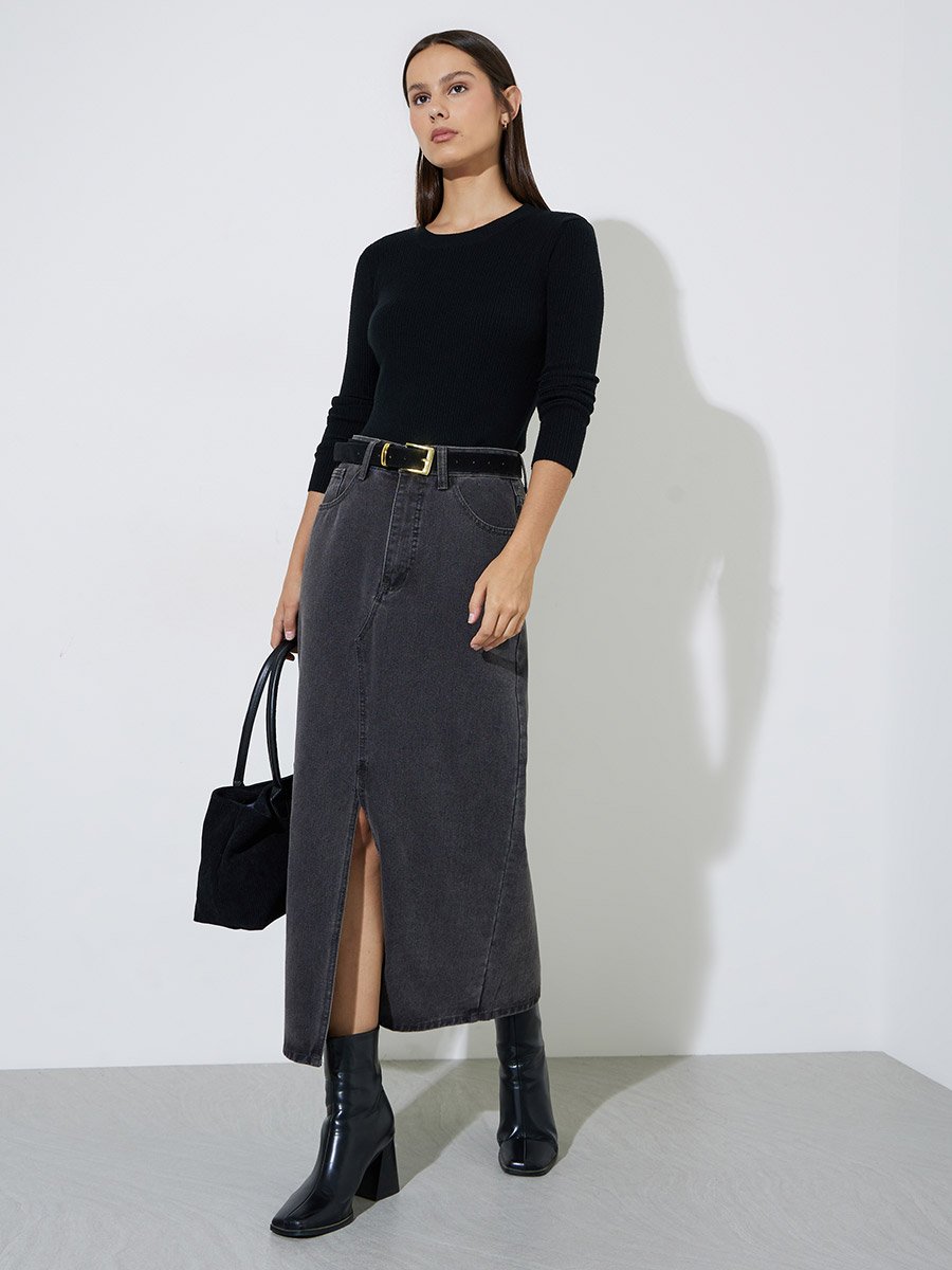 Black Textured Rib Long Sleeve Knit Top