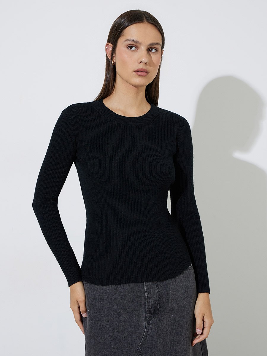 Black Textured Rib Long Sleeve Knit Top