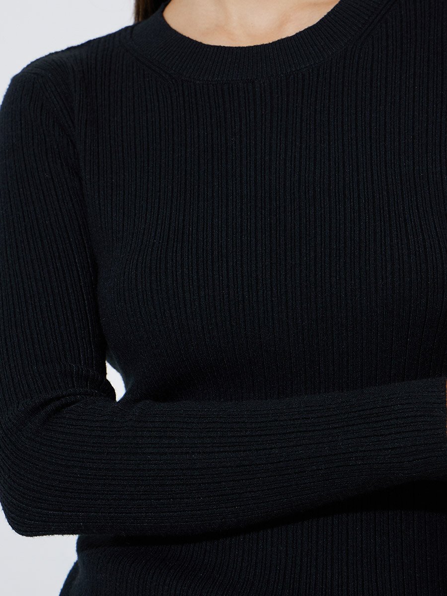 Black Textured Rib Long Sleeve Knit Top