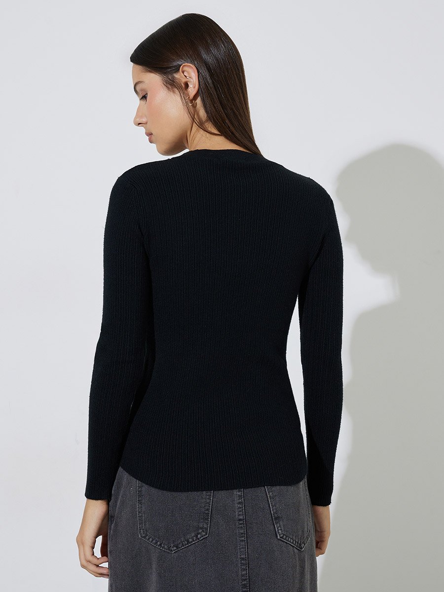 Black Textured Rib Long Sleeve Knit Top