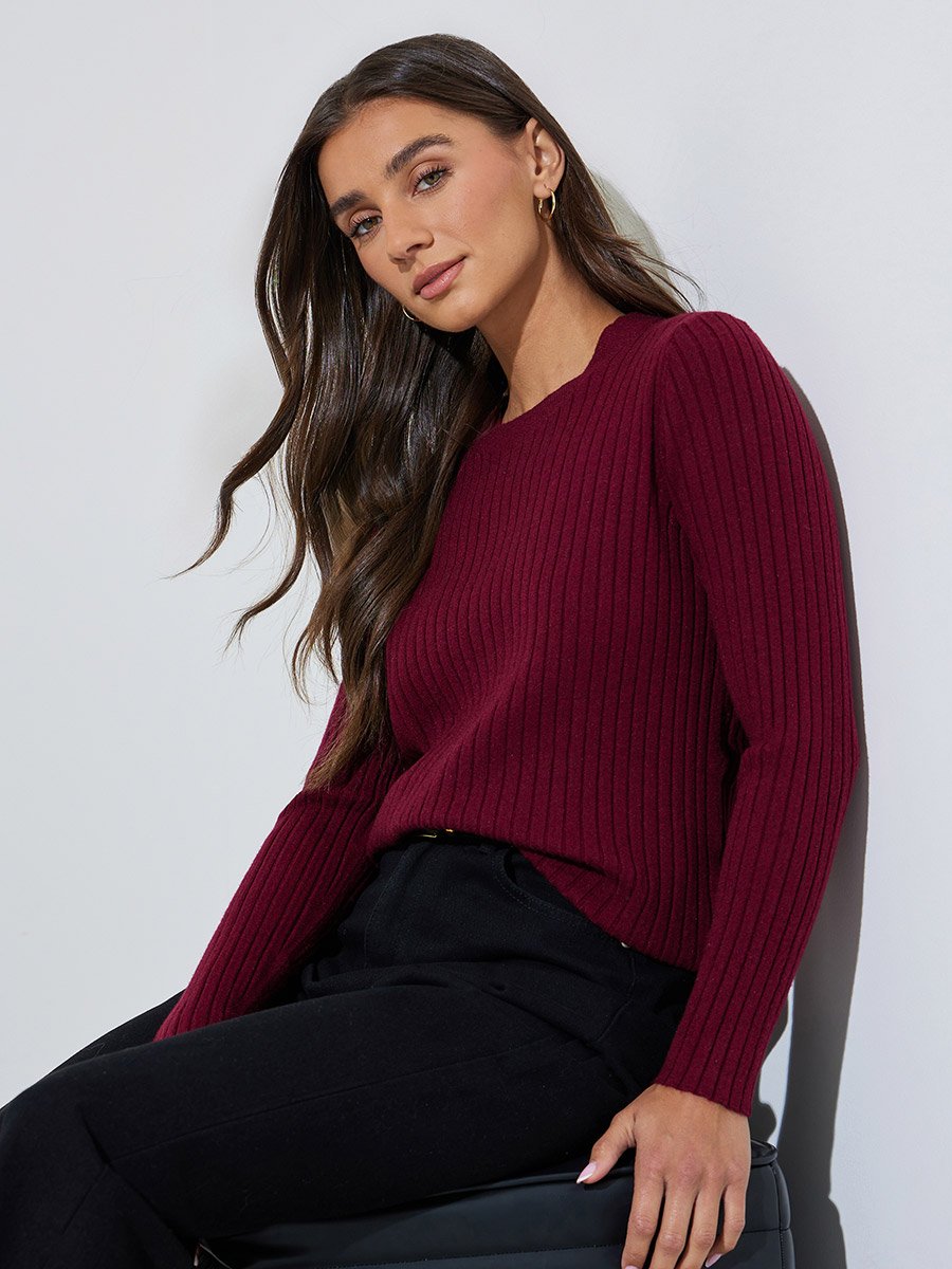 Burgundy Wide Rib Knitted Long Sleeve Top