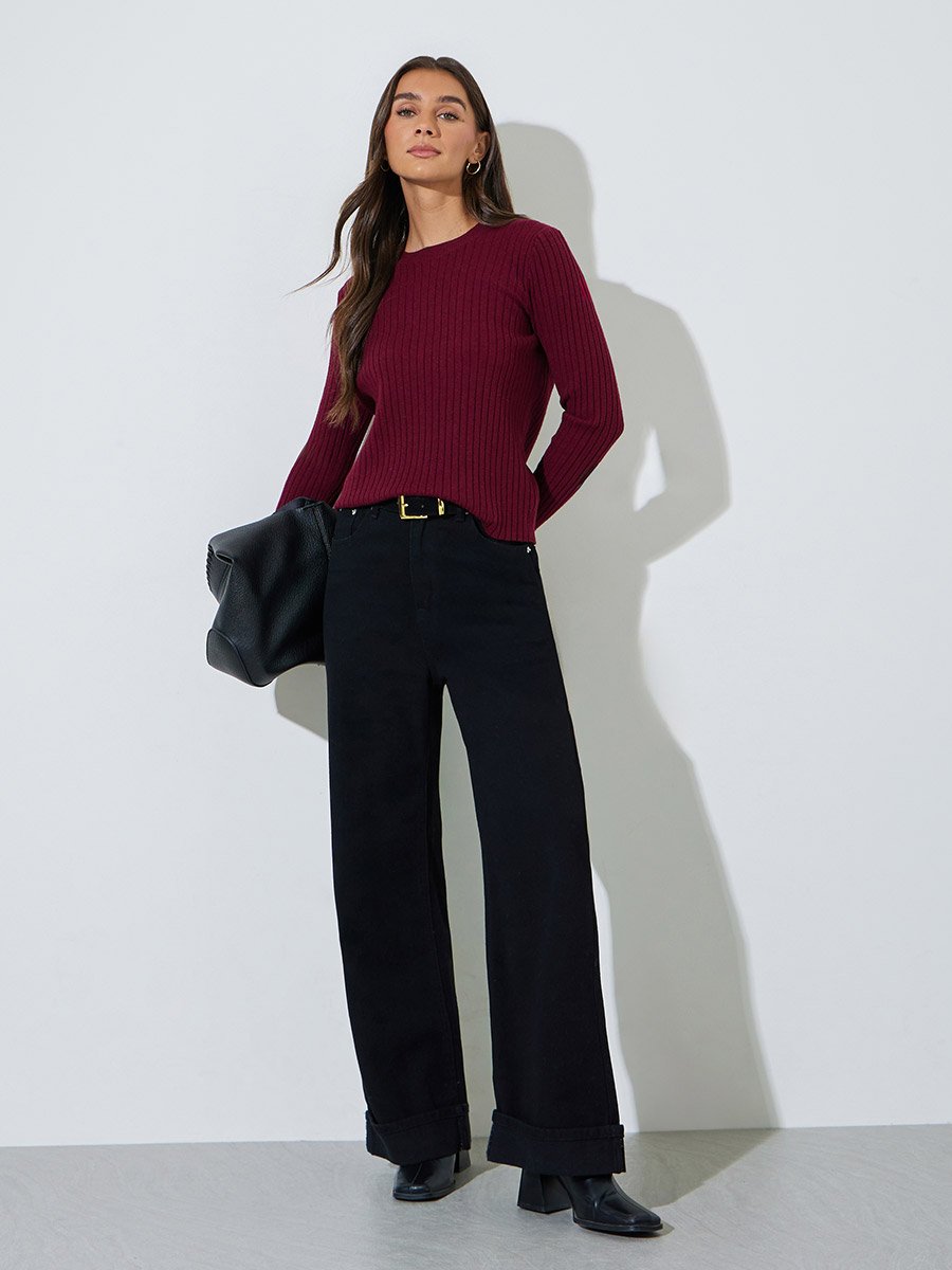 Burgundy Wide Rib Knitted Long Sleeve Top