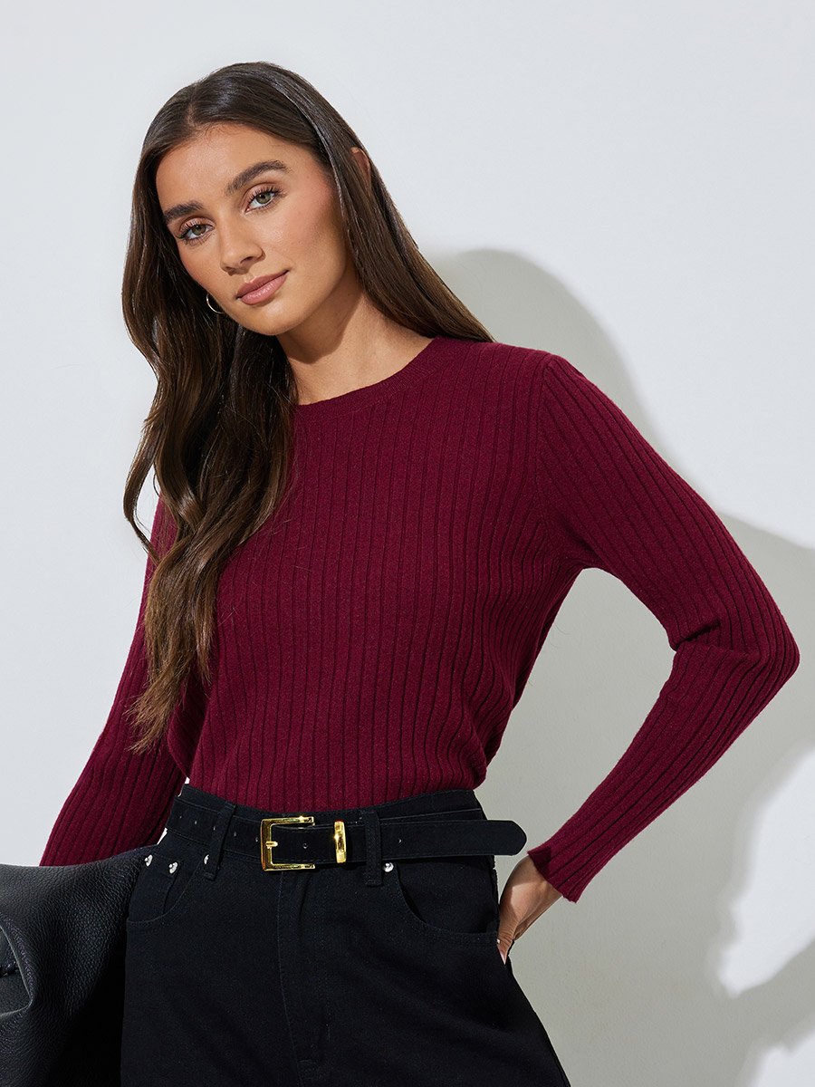 Burgundy Wide Rib Knitted Long Sleeve Top