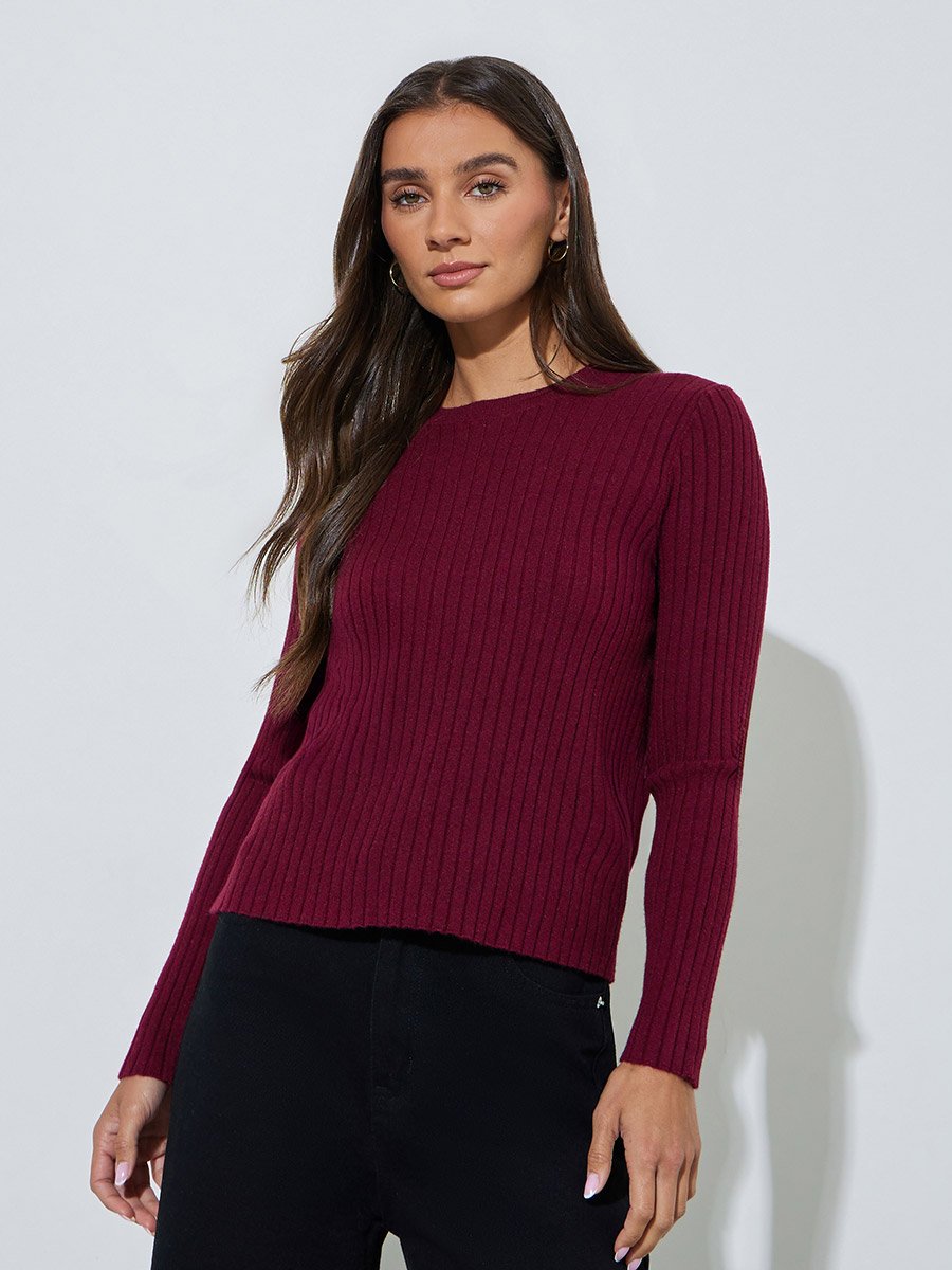 Burgundy Wide Rib Knitted Long Sleeve Top