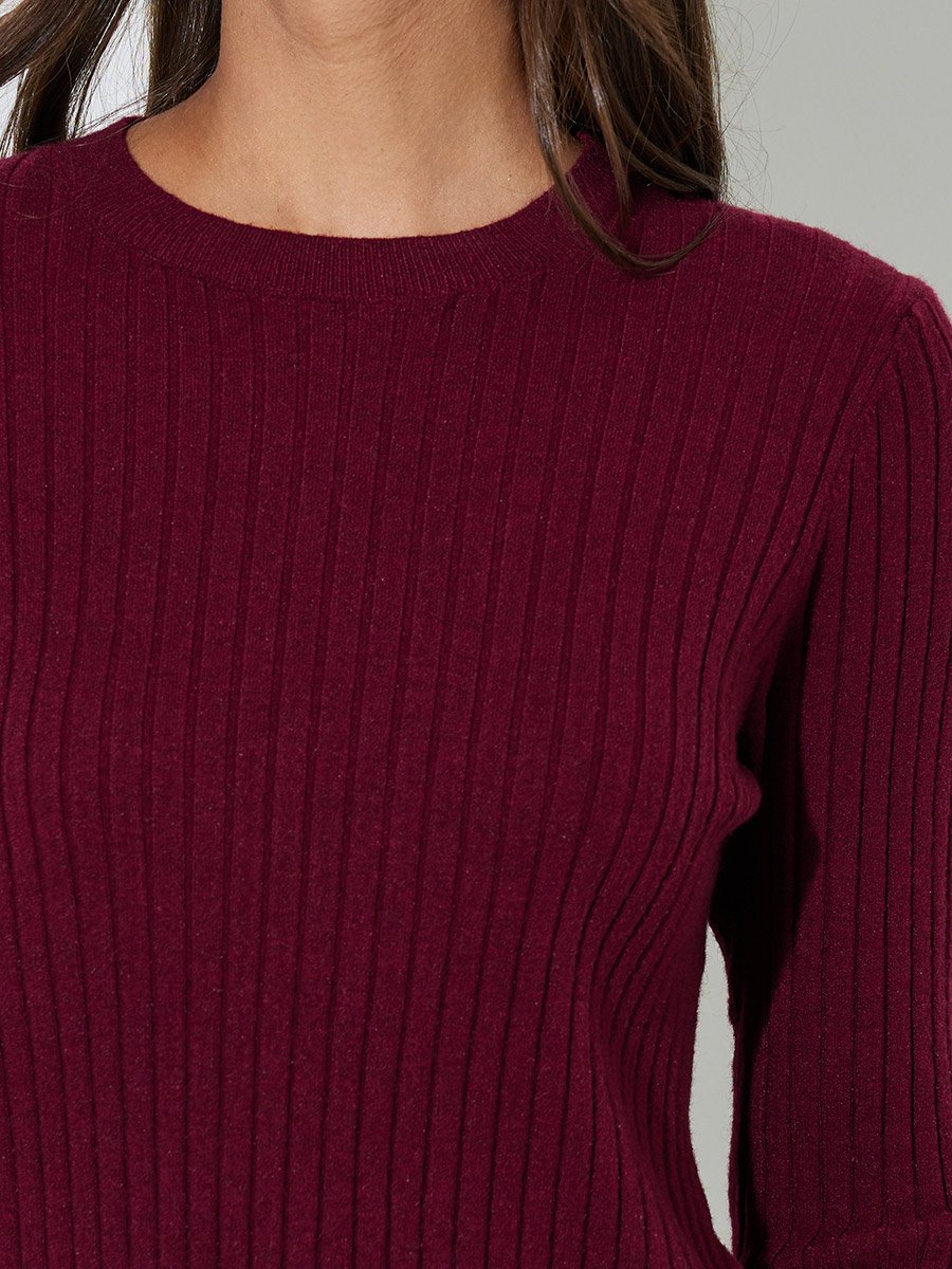 Burgundy Wide Rib Knitted Long Sleeve Top