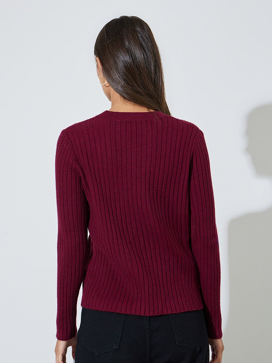 Burgundy Wide Rib Knitted Long Sleeve Top