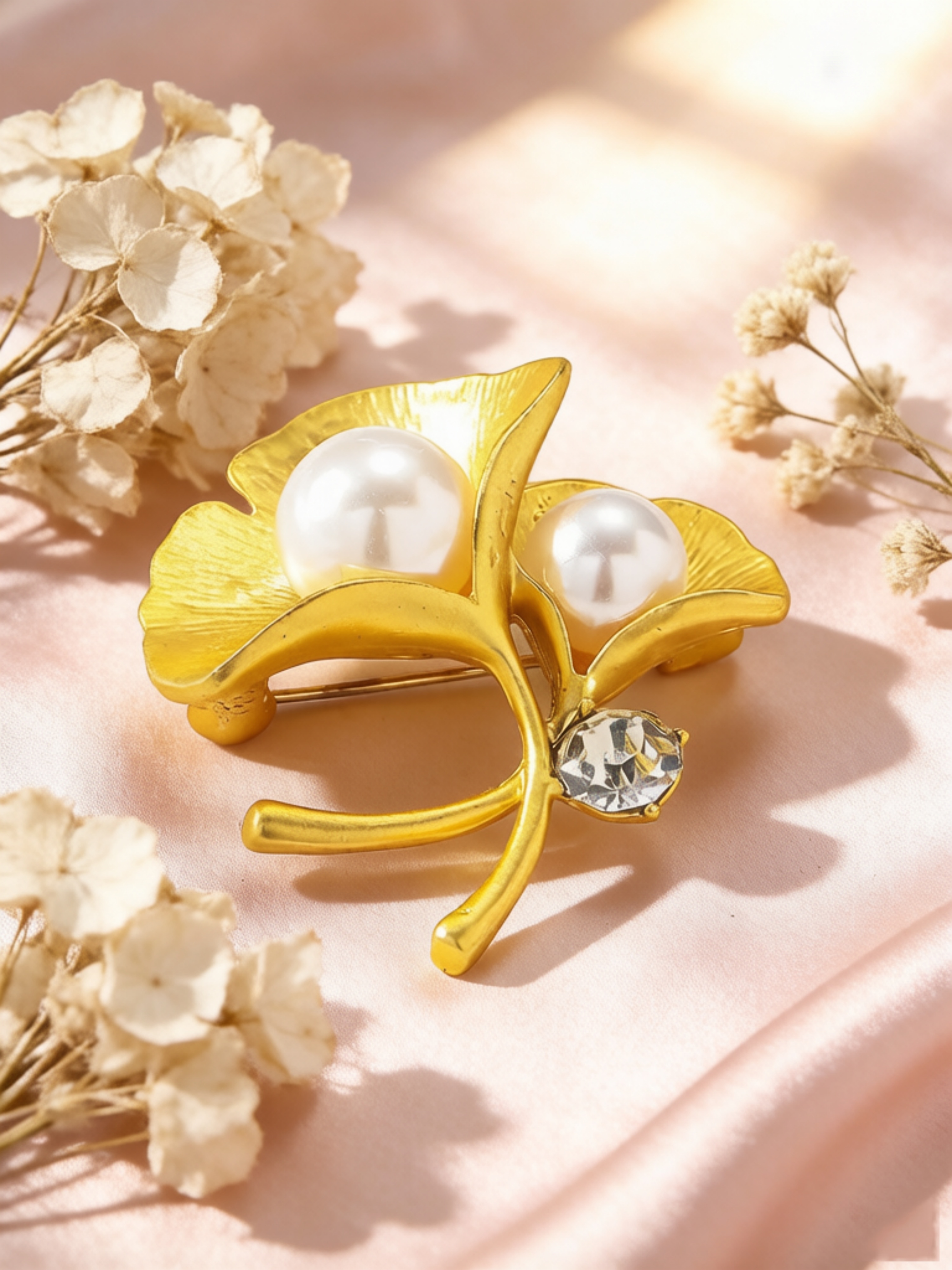 Golden Ginkgo Pearl Brooch