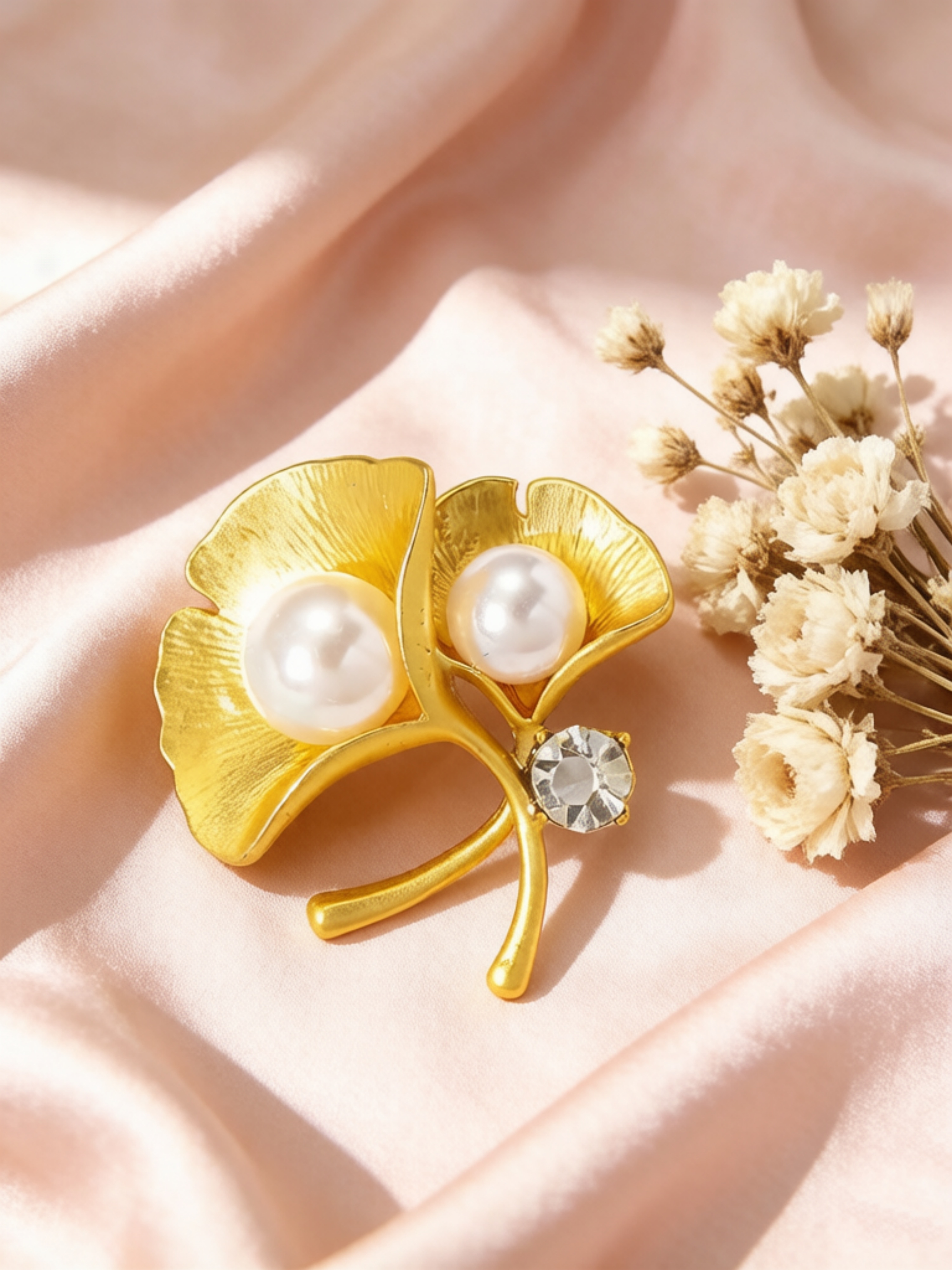 Golden Ginkgo Pearl Brooch