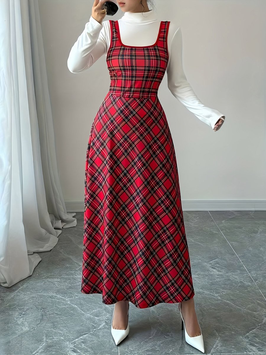 Sleeveless Plaid Print Stretch Knit A-Line Midi Dress