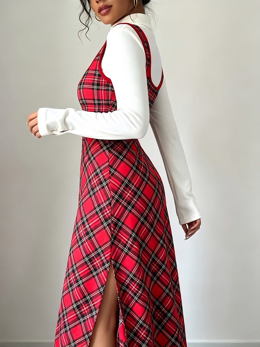 Sleeveless Plaid Print Stretch Knit A-Line Midi Dress