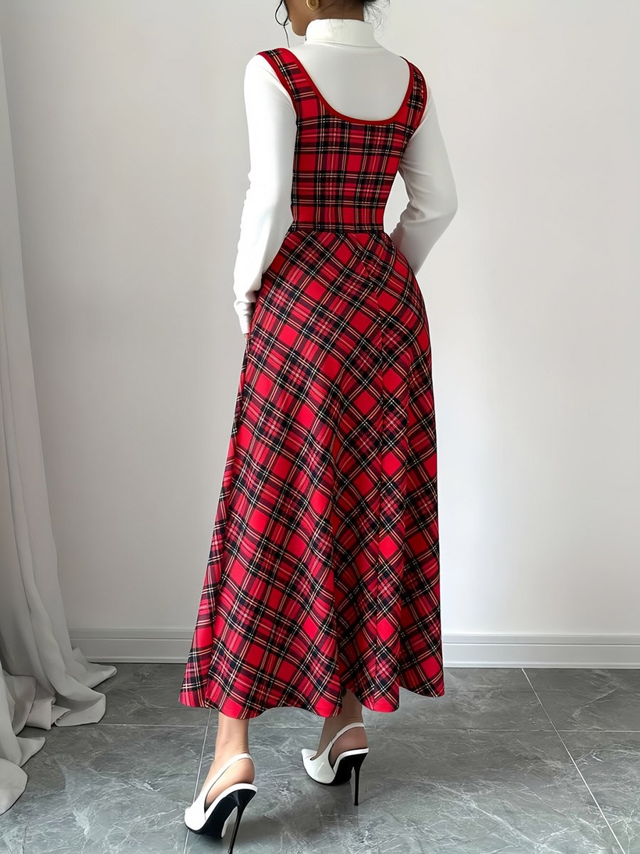 Sleeveless Plaid Print Stretch Knit A-Line Midi Dress