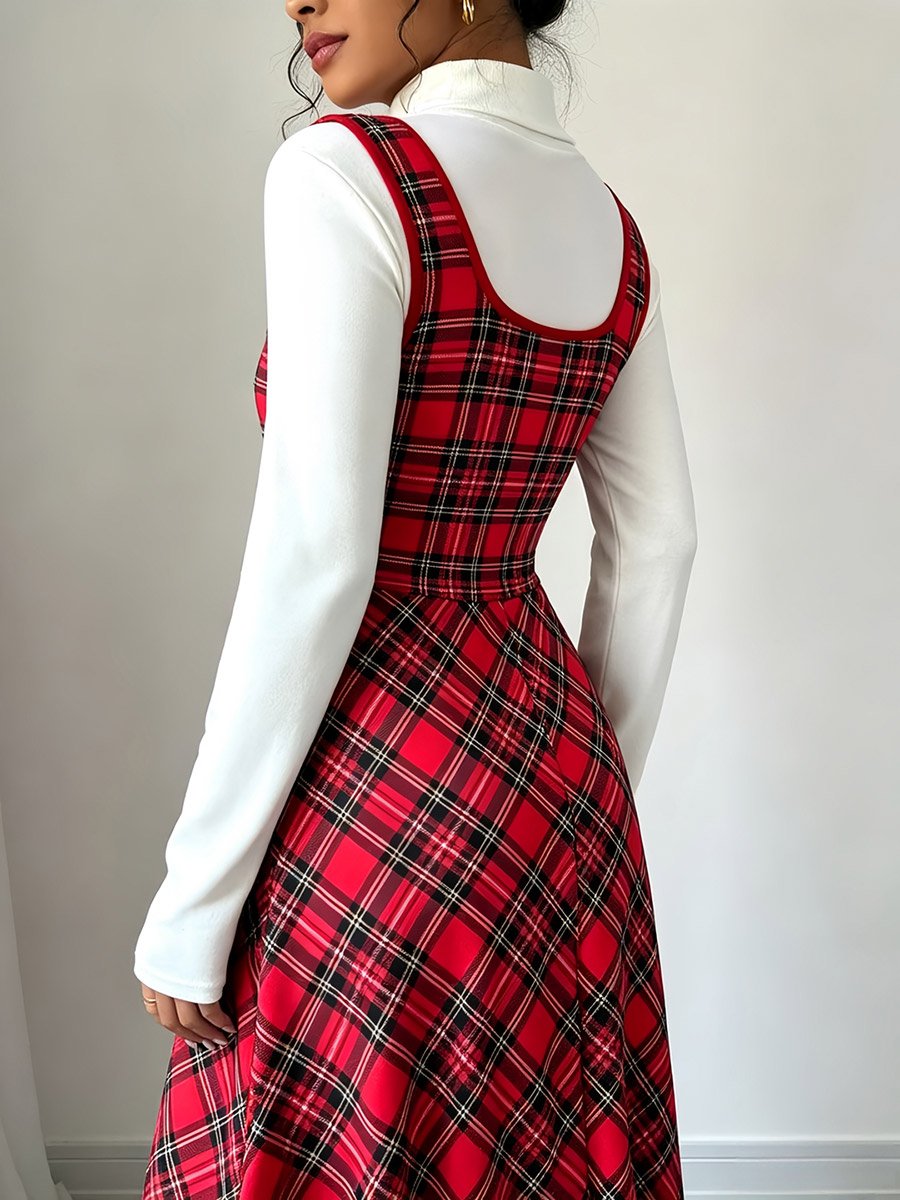 Sleeveless Plaid Print Stretch Knit A-Line Midi Dress