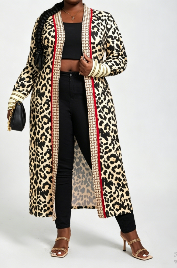 Plus Size Bohemian Leopard Print Midi Cardigan