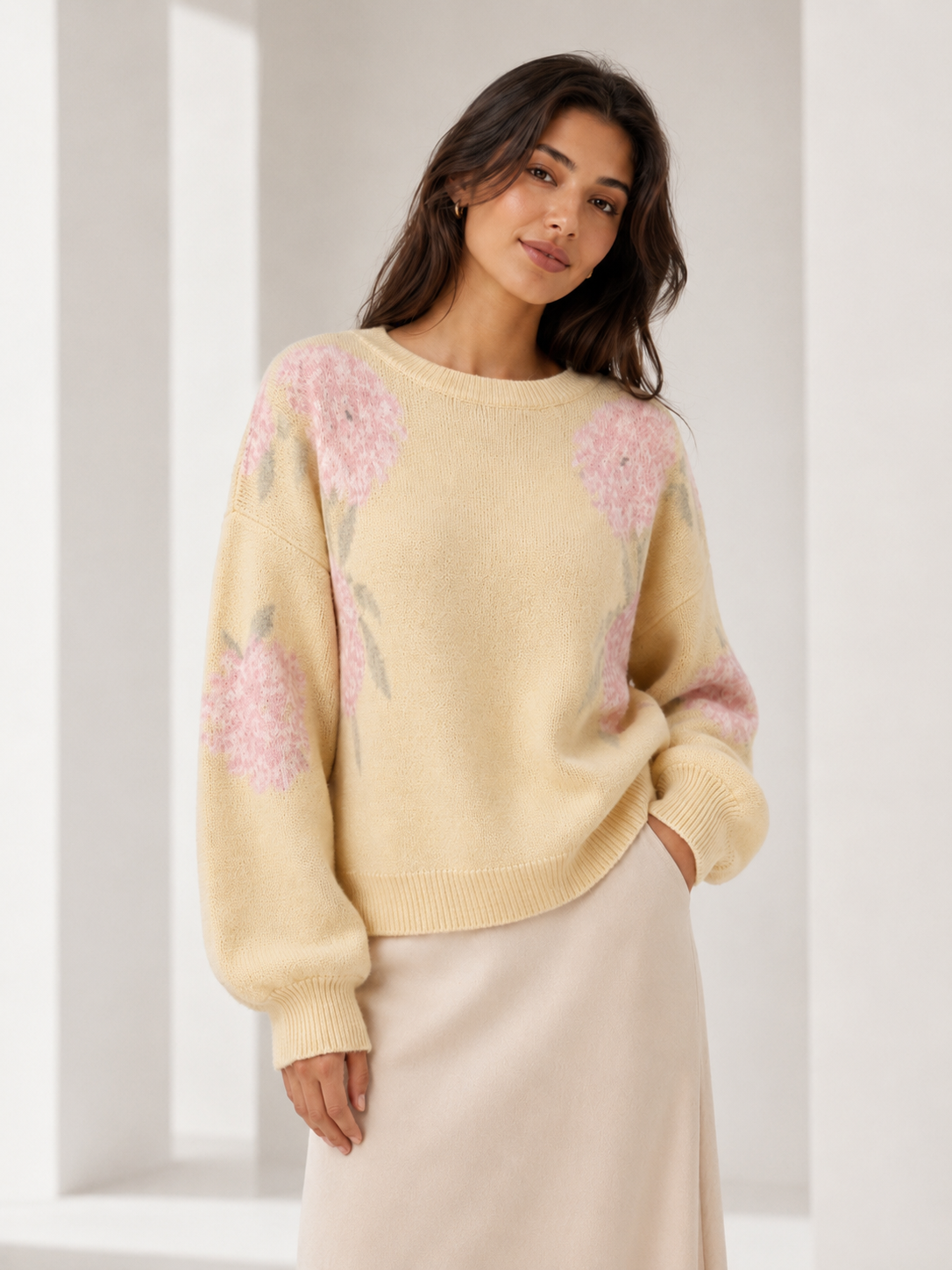 Floral Knit Crew Neck Sweater
