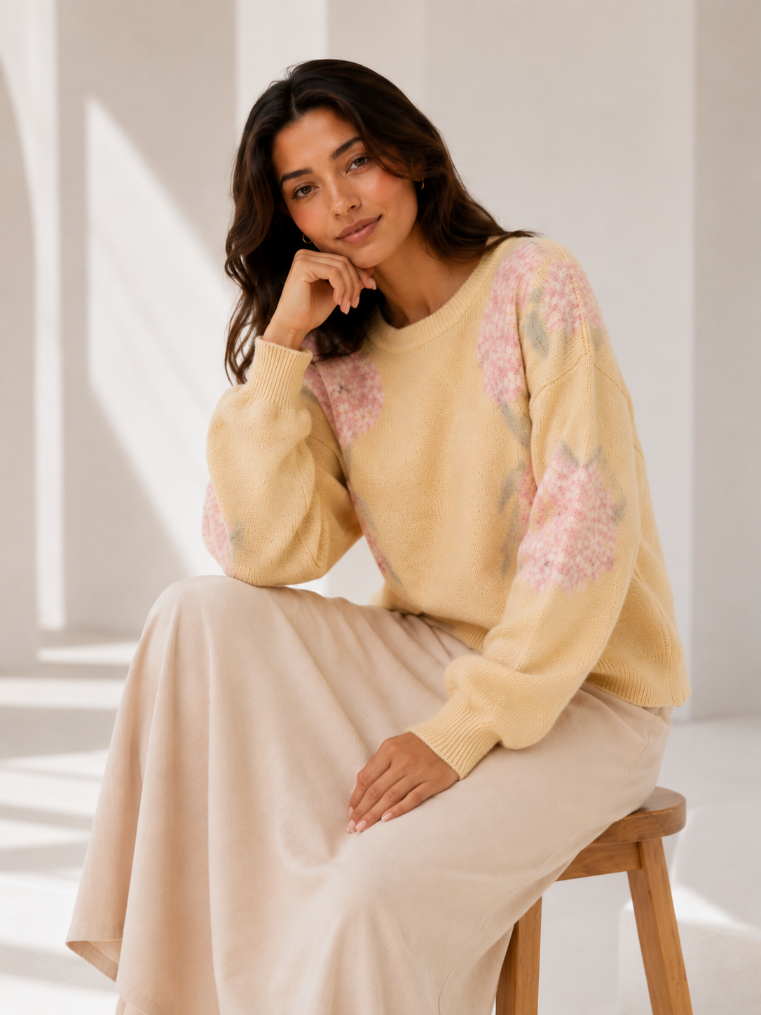 Floral Knit Crew Neck Sweater