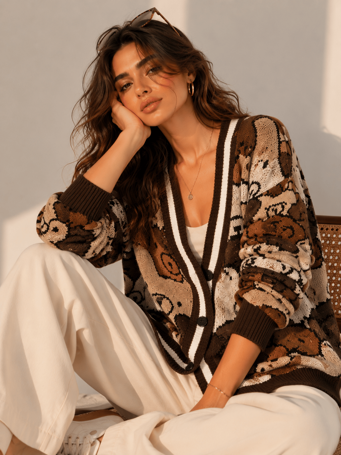 كارديجان محبوك جاكار لون بني دافئ
