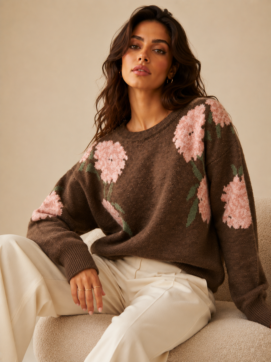 Brown Floral Knit Sweater