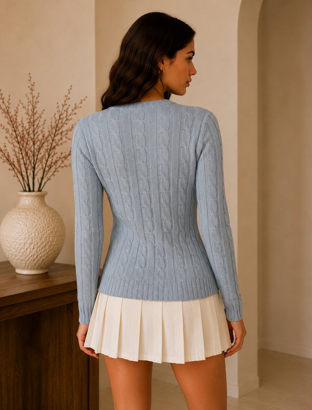 Grey V-Neck Cable Knit Sweater