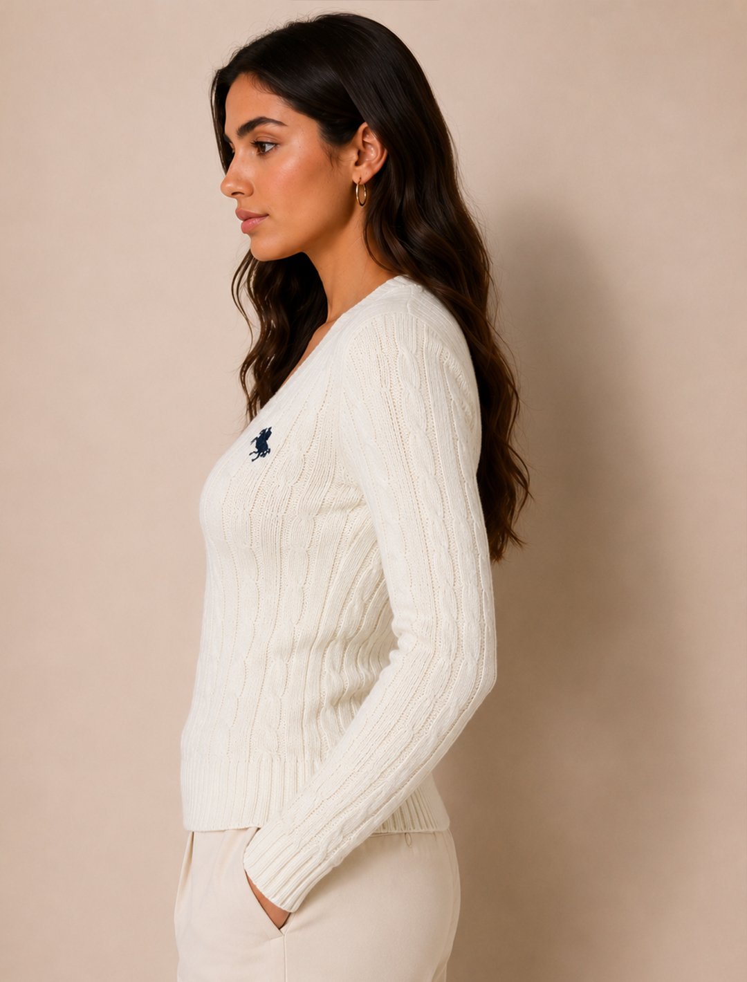 Cream Cable Knit V-Neck Sweater