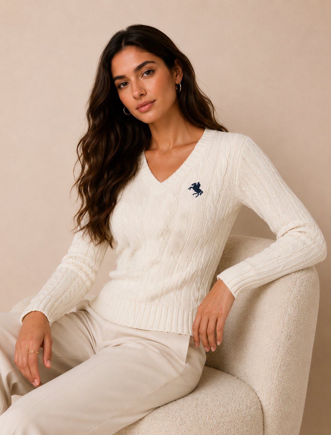 Cream Cable Knit V-Neck Sweater