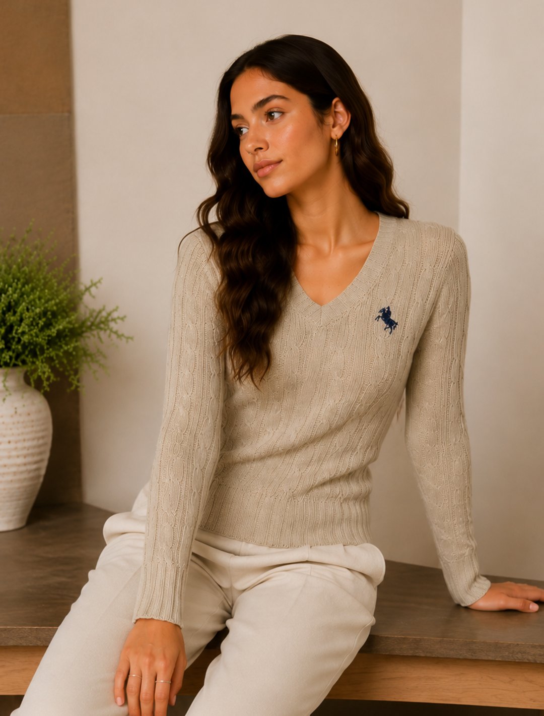 Khaki Cable Knit V-Neck Sweater