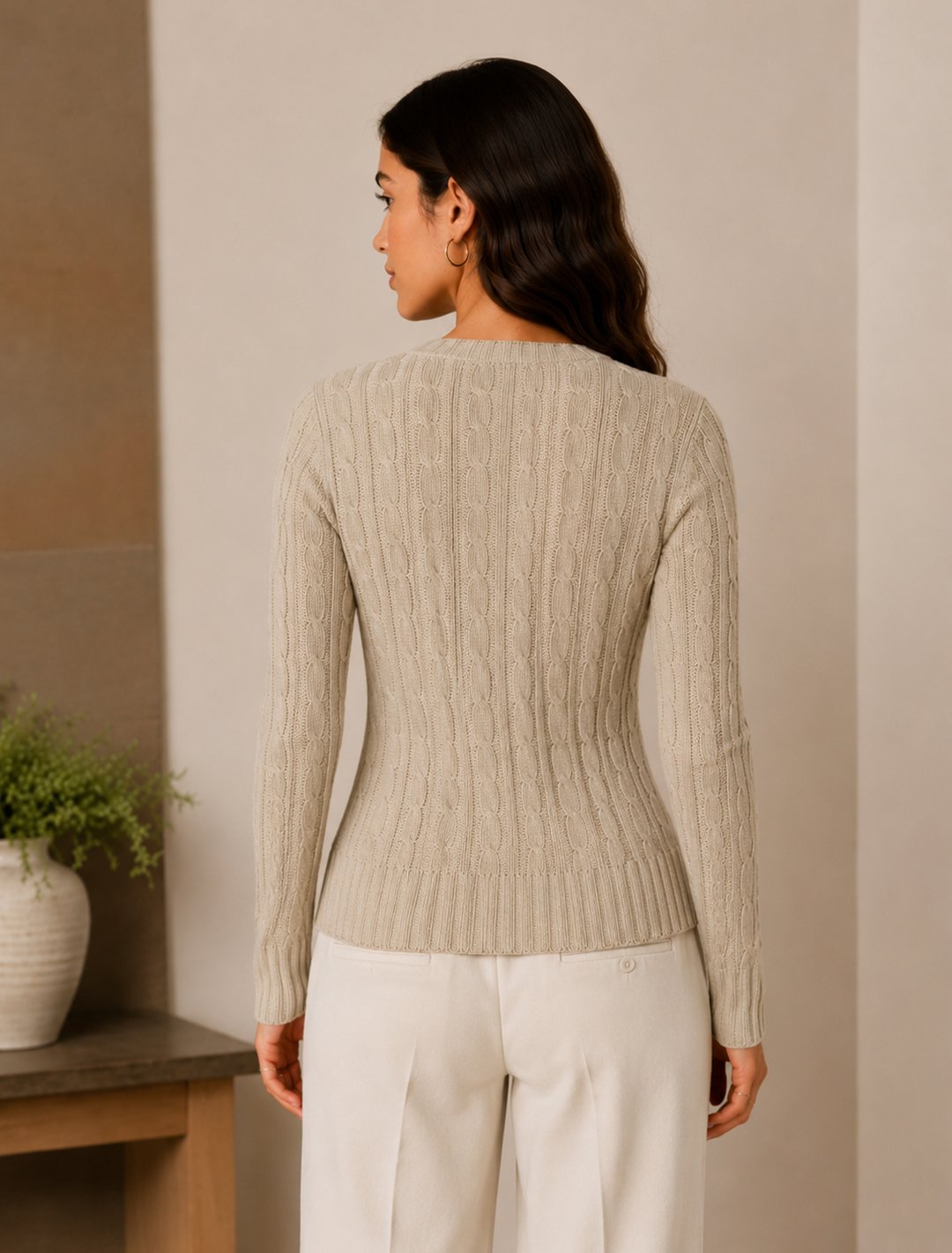 Khaki Cable Knit V-Neck Sweater