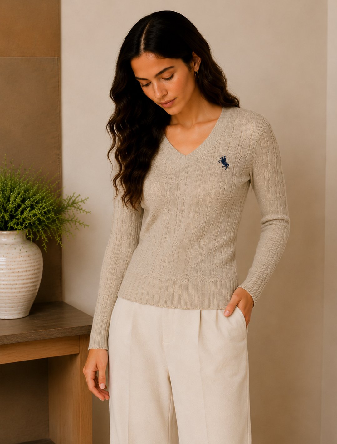 Khaki Cable Knit V-Neck Sweater