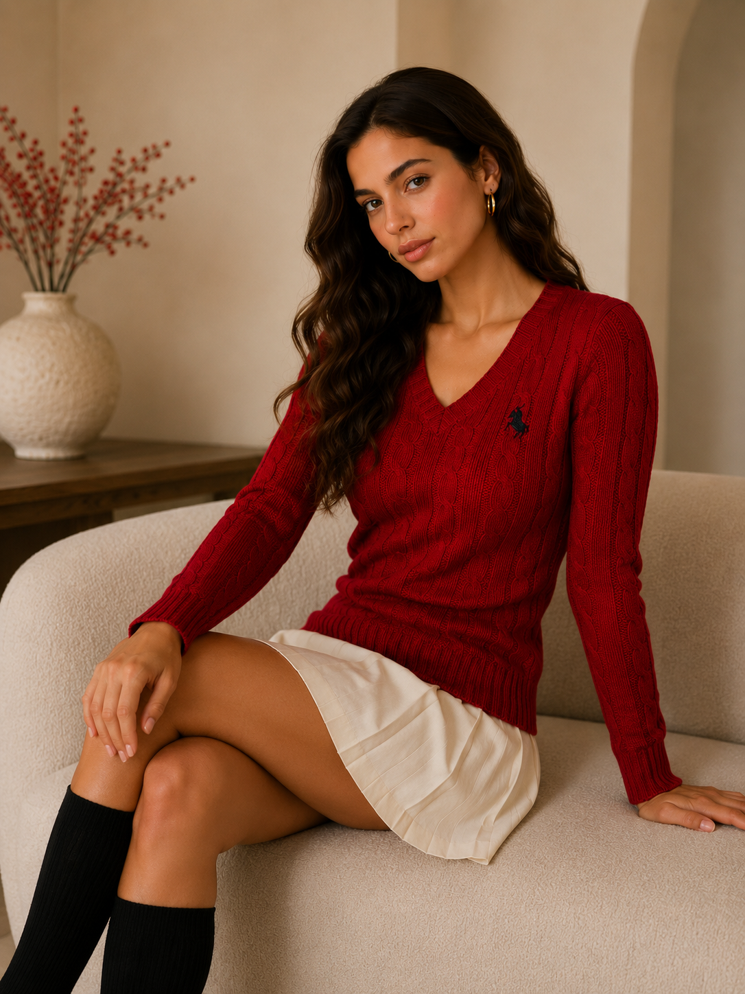 Red V-Neck Cable Knit Sweater