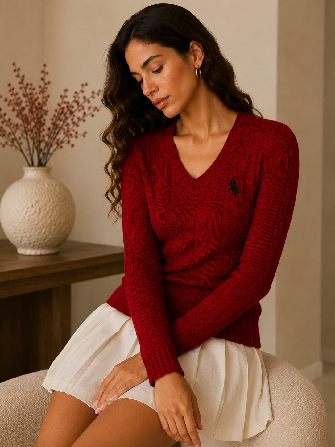 Red V-Neck Cable Knit Sweater