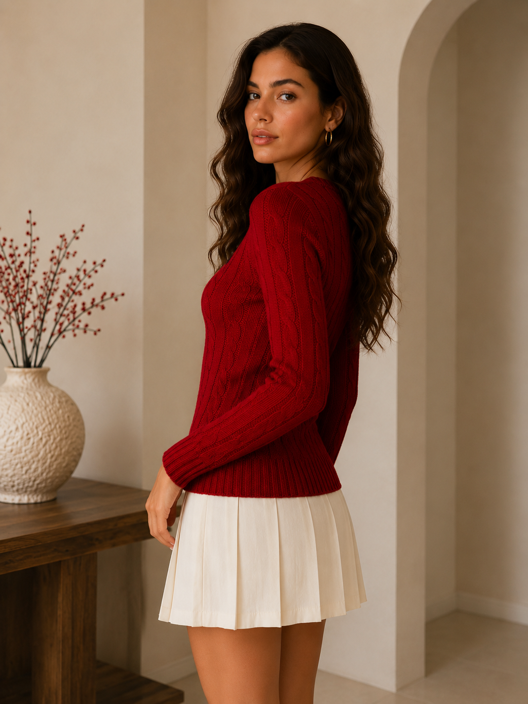 Red V-Neck Cable Knit Sweater