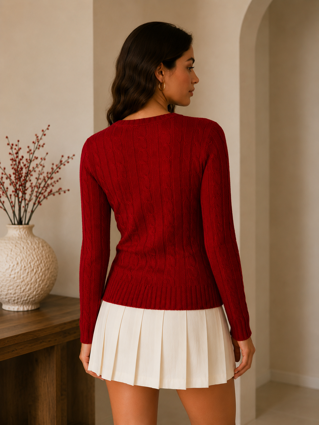 Red V-Neck Cable Knit Sweater