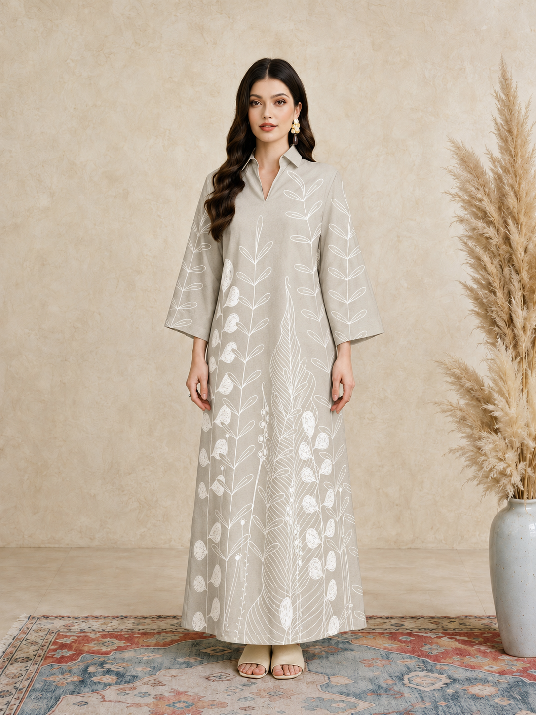 Beige All Over Print Open Collar Jalabiya