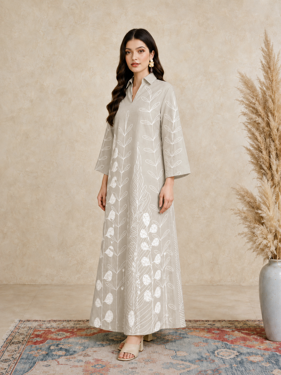 Beige All Over Print Open Collar Jalabiya