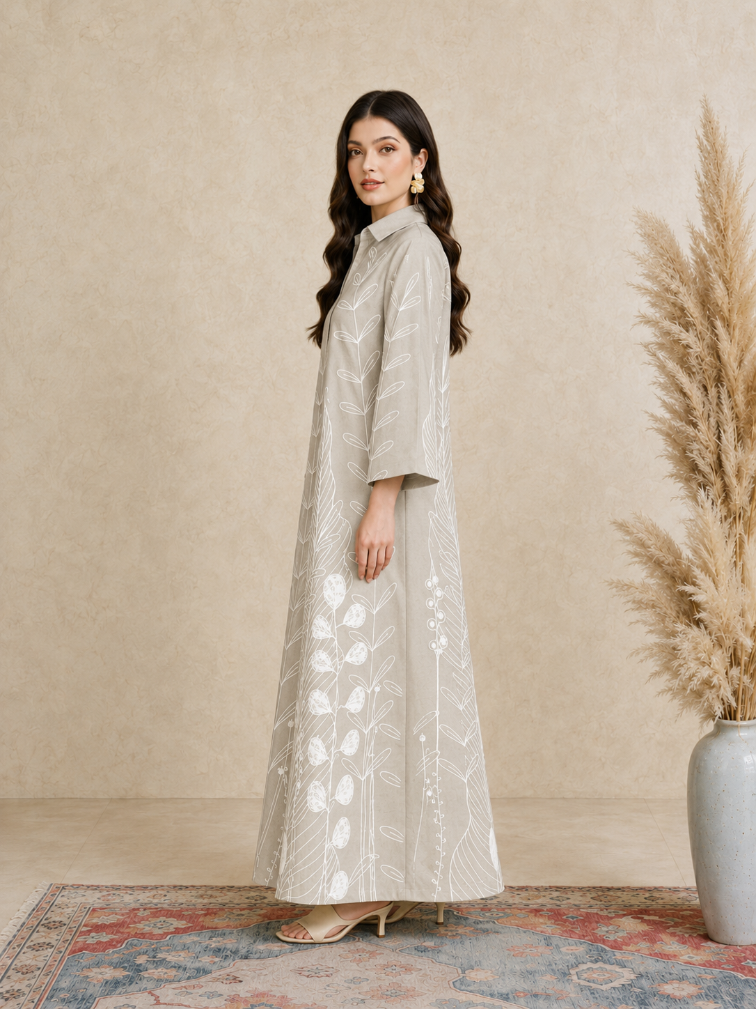 Beige All Over Print Open Collar Jalabiya