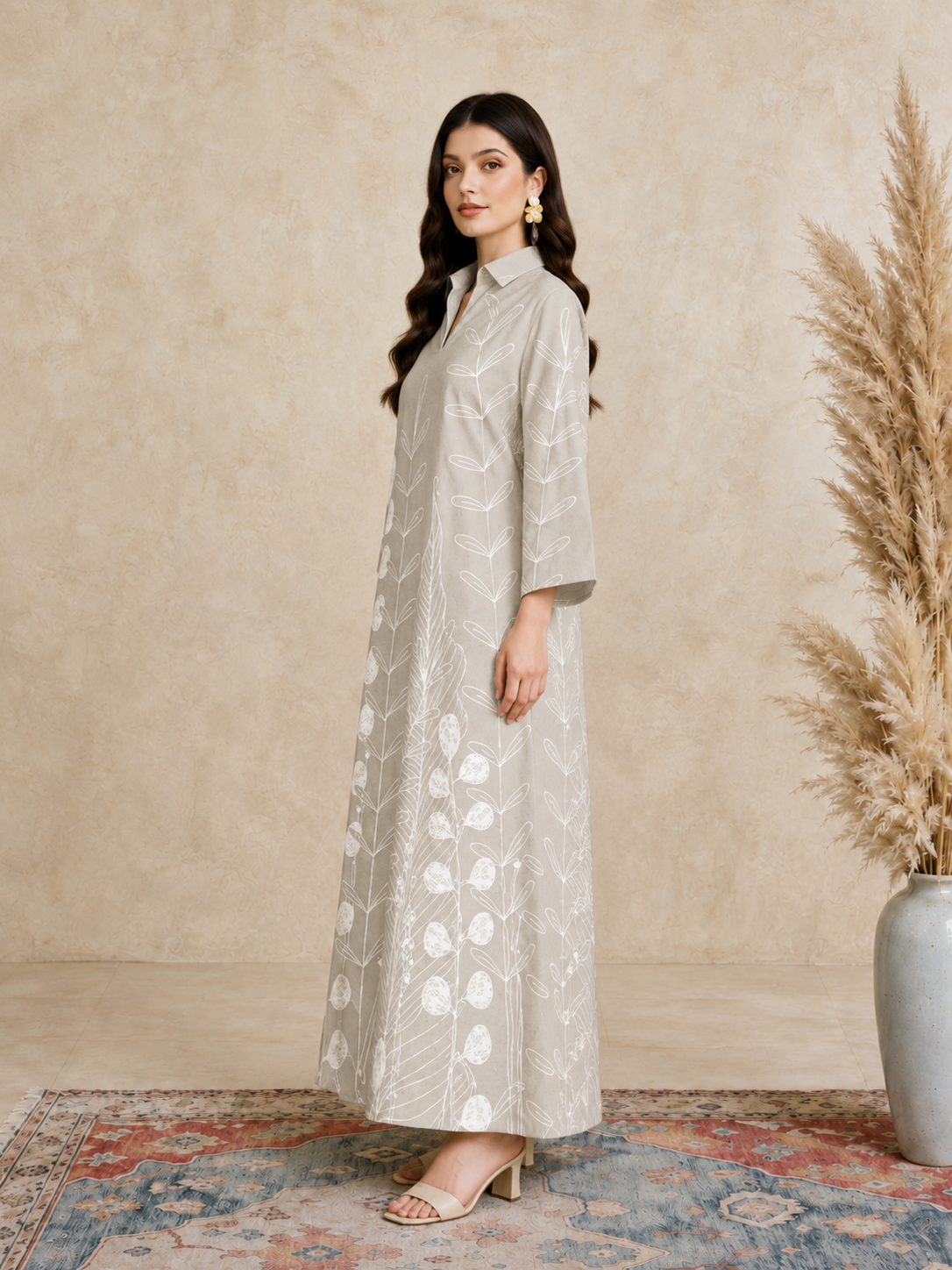 Beige All Over Print Open Collar Jalabiya