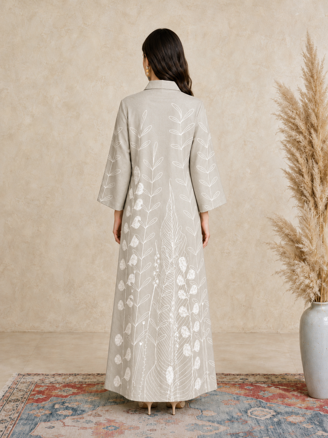 Beige All Over Print Open Collar Jalabiya