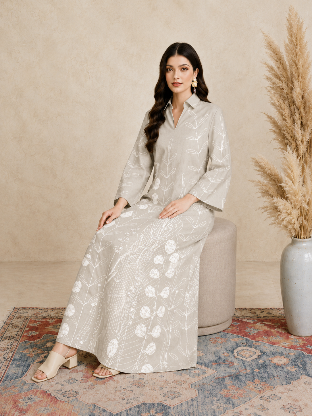 Beige All Over Print Open Collar Jalabiya