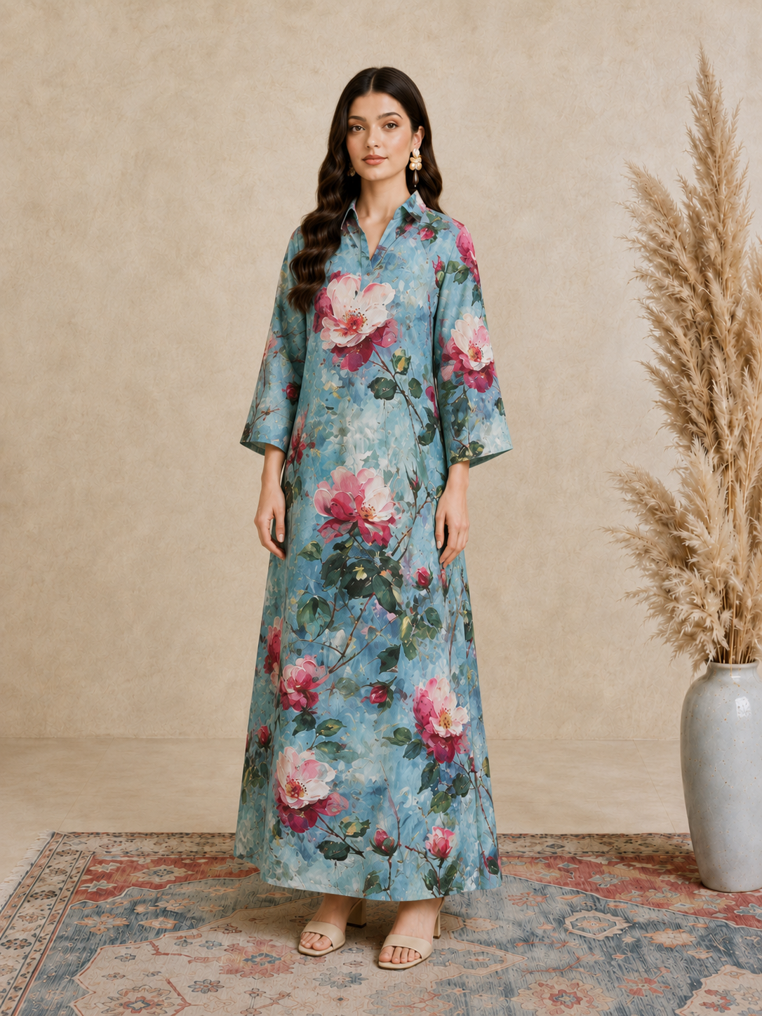 Blue Floral Print Open Collar Jalabiya