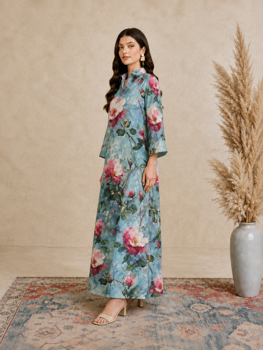Blue Floral Print Open Collar Jalabiya