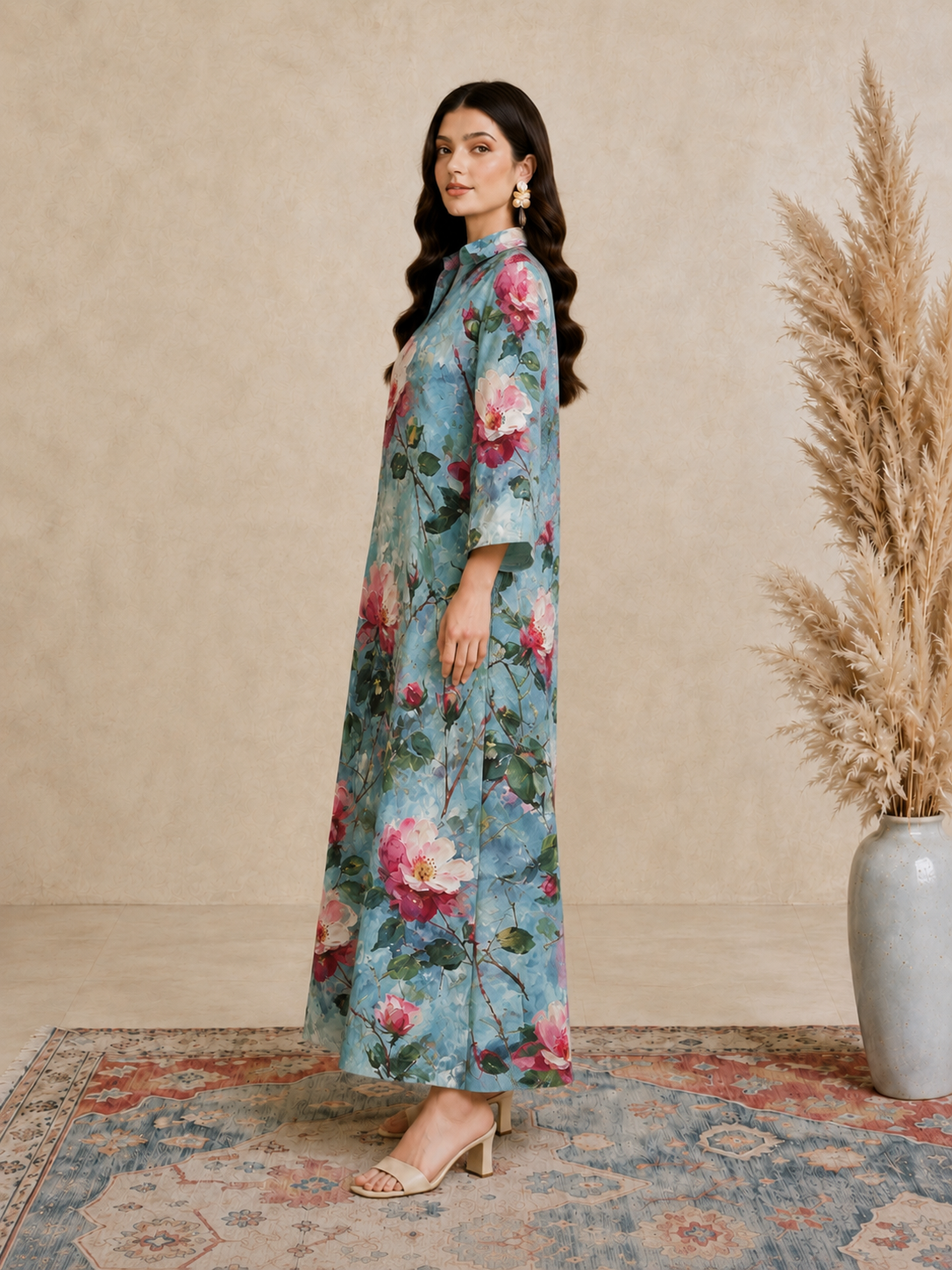Blue Floral Print Open Collar Jalabiya