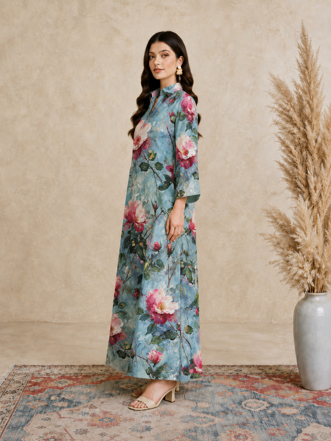 Blue Floral Print Open Collar Jalabiya