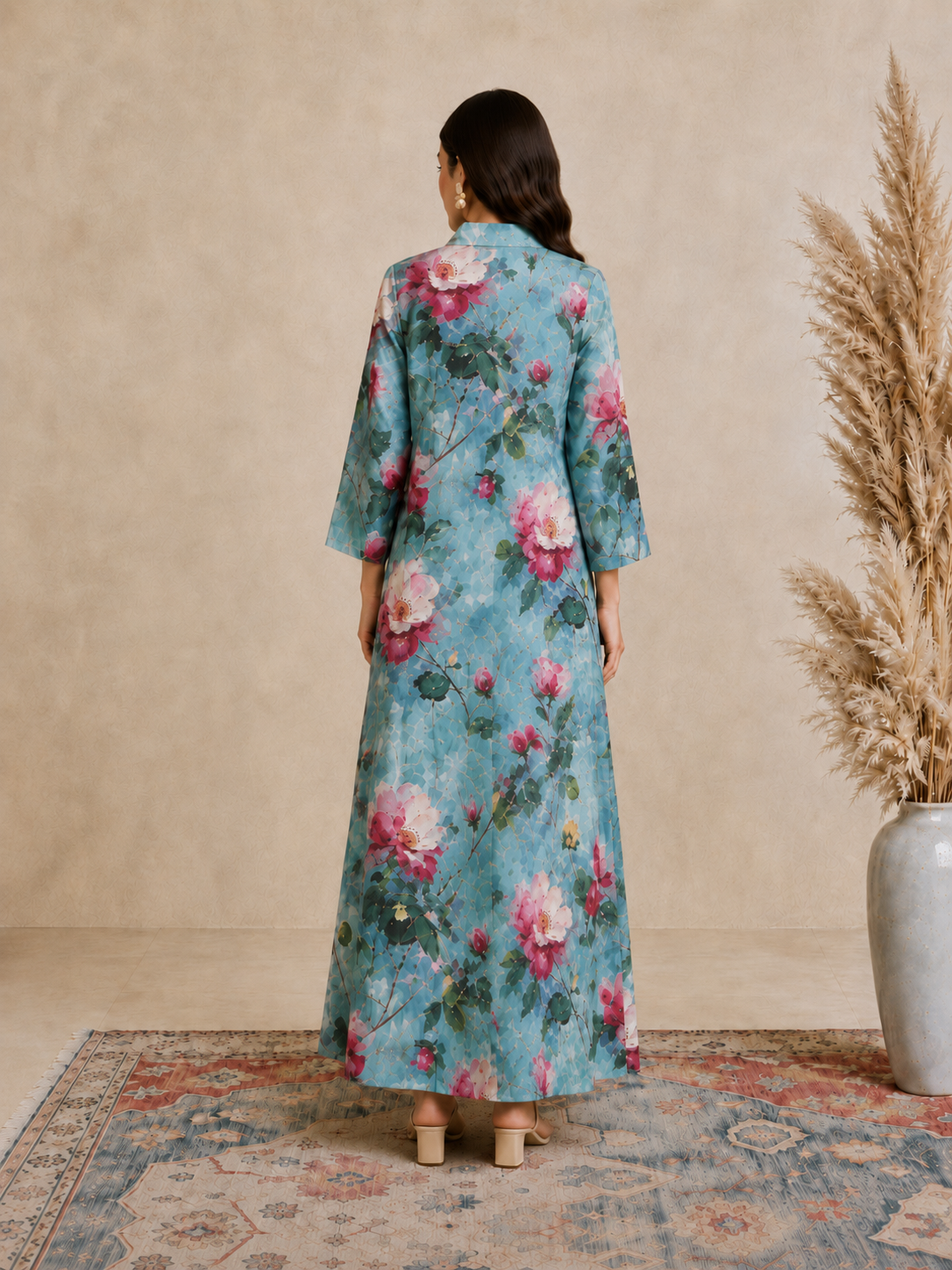 Blue Floral Print Open Collar Jalabiya