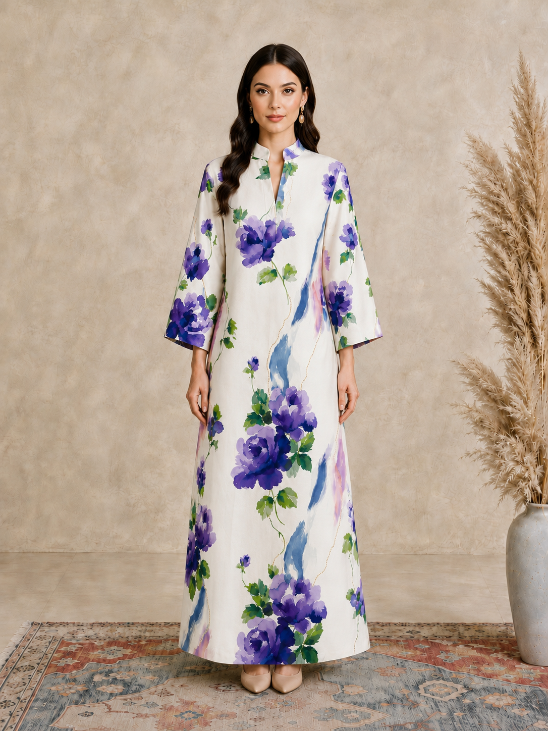 Cream Floral Print Open Collar Jalabiya