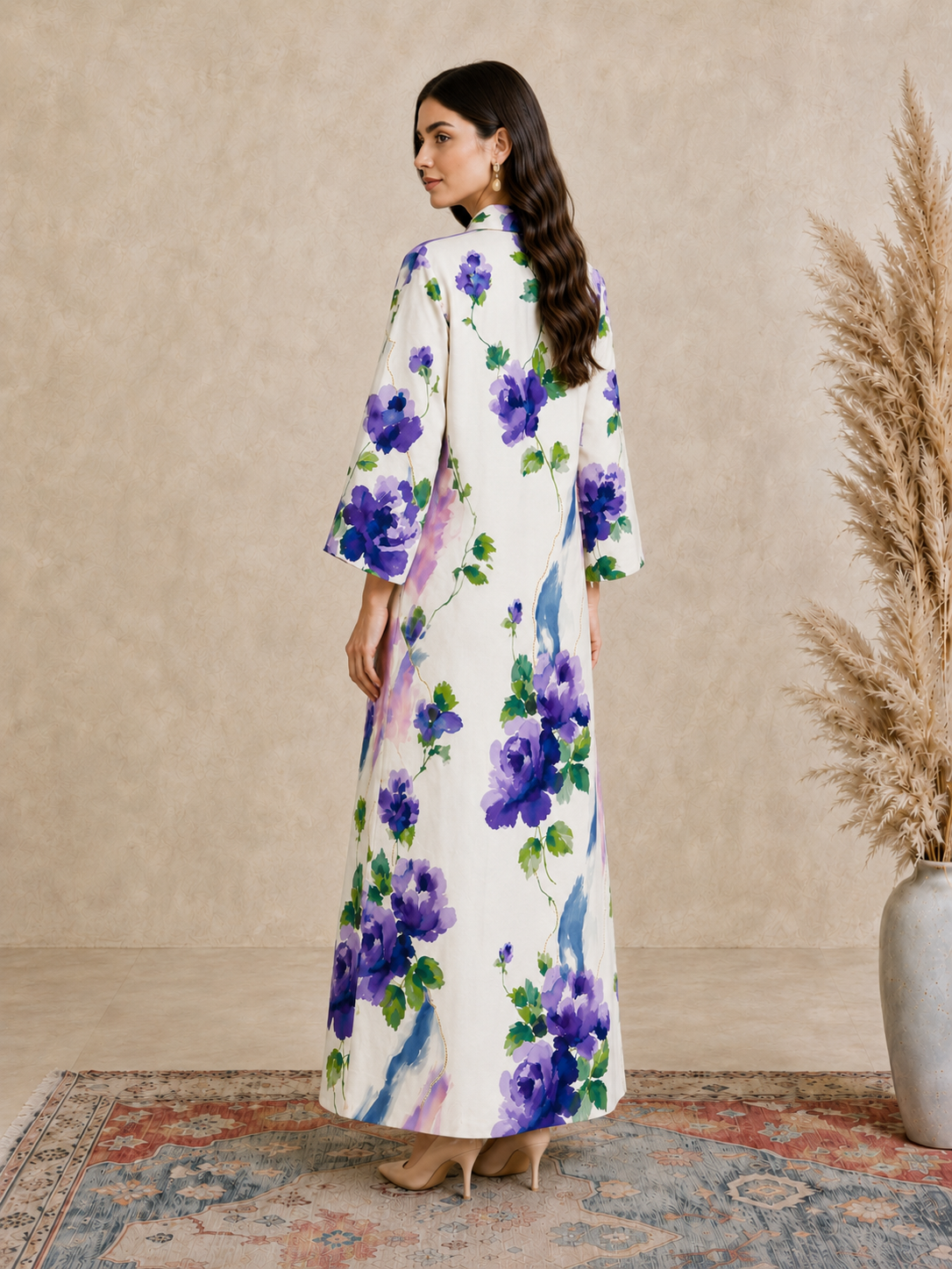 Cream Floral Print Open Collar Jalabiya